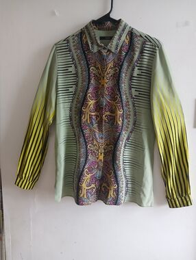 Etro Mint Green Paisley Silk Blouse with Yellow and Black Accents